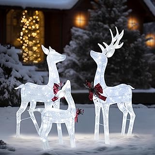 Photo 1 of 3-Piece Lighted Reindeer Family Set for Christmas Decoration, 4.5FT Pre-Lit Iridescent Deer Xmas Decor with 200 LED Lights, 3D Glittered Standing Holiday Display for Outdoor, Indoor, White