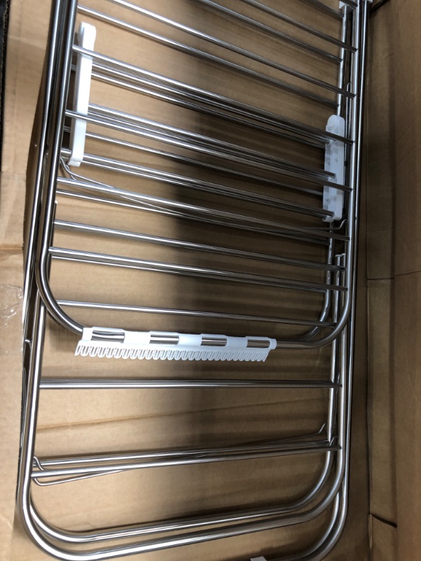 Photo 1 of SONGMICS Clothes Drying Rack, Foldable 2-Level Laundry Drying Rack, Free-Standing Large Drying Rack, with Height-Adjustable Wings, 33 Drying Rails, Sock Clips, Silver and White ULLR053W01 Silve + White