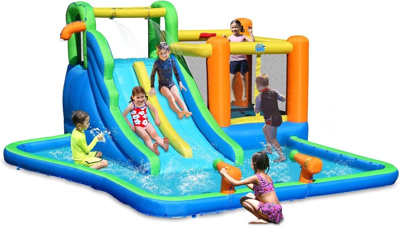 Photo 1 of Action Air Bounce House or Water Slide, 7-in-1 Inflatable Bouncer Combo with Large Pool, Fun Bounceing Area with Basketball Hoop, Long Double Slide with 2 Water Sprays, Air Blower Included
