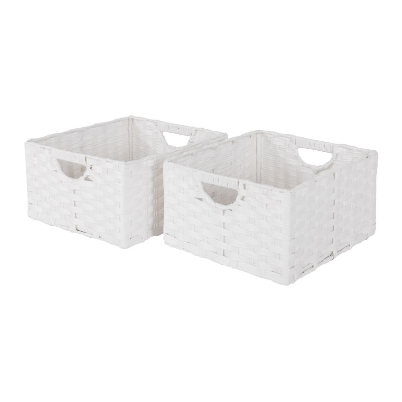 Photo 1 of 13.25 in. D X 13.25 in. W X 8 in. H White Plastic Handwoven Wicker Foldable Cube Storage 2-Pack Closet System Basket
