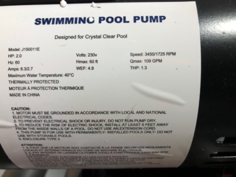 Photo 3 of (READ FULL POST) 2hp Inground Pool Pump | 2-Speed Control | 6540GPH Flow | 66ft Head Lift | Swimming Pool Pump for Inground Pools | 230V AC 60HZ 230V+Dual Speed 2 Hp (Pro)