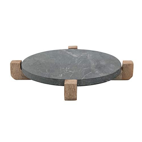 Photo 1 of 13 in. Gray Marble Platters with Mango Wood Stand (Set of 2)
