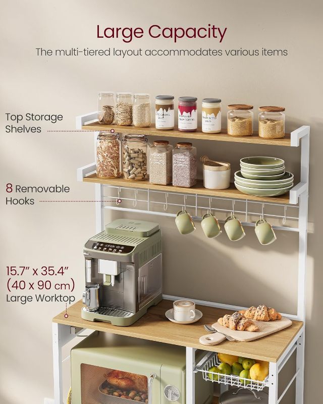 Photo 4 of (READ FULL POST) VASAGLE Bakers Rack with Power Outlet, 35.4 Inches Microwave Stand, Coffee Bar, 4 AC Outlets, with Adjustable Shelves, 8 S-Hooks, Basket, Spice Racks, Golden Oak and Cloud White UKKS031Y09
