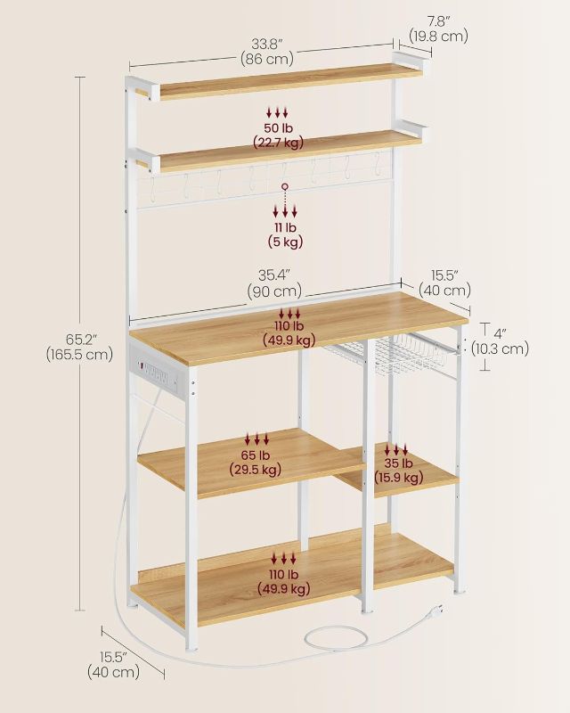 Photo 1 of (READ FULL POST) VASAGLE Bakers Rack with Power Outlet, 35.4 Inches Microwave Stand, Coffee Bar, 4 AC Outlets, with Adjustable Shelves, 8 S-Hooks, Basket, Spice Racks, Golden Oak and Cloud White UKKS031Y09
