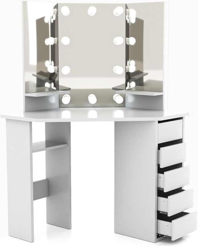 Photo 1 of 
Photo for Reference Only**Corner Makeup Vanity Desk with Mirror and lights - White Vanity Table with 3 Lighted Mirrors 5 Drawers Bedroom Makeup Table with Storage Shelf 44''...
Color:White
Style:Tri-fold Mirror & Sliding Drawers
