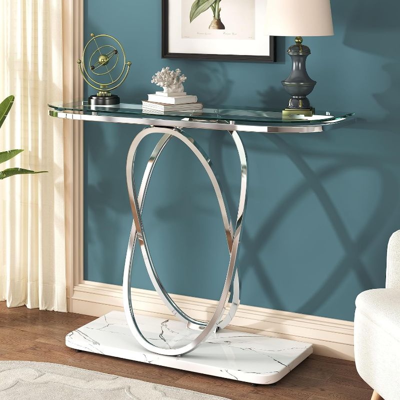 Photo 1 of 
O&K FURNITURE Glass Console Tables for Entryway,Silver Entryway Table with Oval Frames and Marble Base,Chrome Entrance Table Glass Sofa Table for Living...
Color:Silver Glass