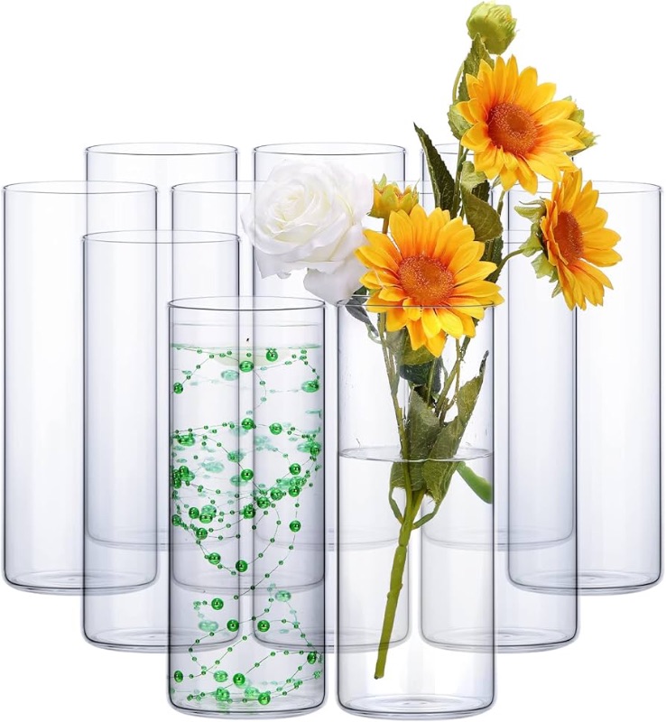 Photo 1 of 12 Pack Glass Cylinder Vases Clear Flower Vase 10 Inches Tall Floating Candle Holders Centerpiece Vases for Table Home Wedding Decorations Formal Dinners(10 Inch)