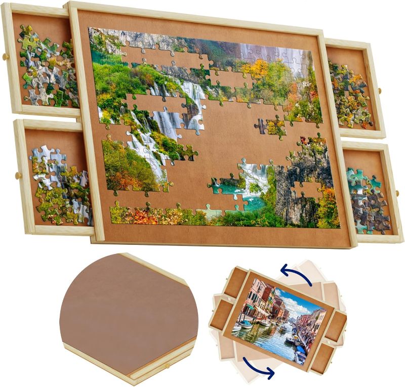 Photo 1 of 1500 Piece Wooden Jigsaw Puzzle Table - 4 Drawers, Rotating Puzzle Board | 35” X 28” Jigsaw Puzzle Board | Puzzle Cover Included - Portable Puzzle Tables for Adults and Kids by Beyond Innoventions
