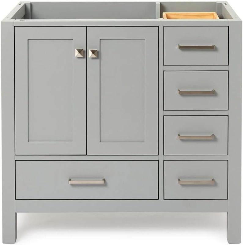 Photo 1 of ARIEL Cambridge A037S-L-BC-GRY 36" Inch Single Left Offset Solid Wood Grey Bathroom Vanity Base Cabinet with Two Soft-Closing Doors and Five Self-Closing Drawers
