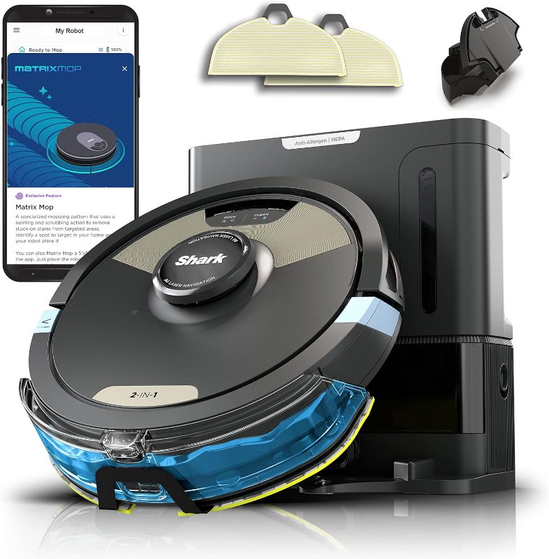 Photo 1 of (READ FULL POST) Shark Matrix Plus 2in1 Robot Vacuum & Mop with Sonic Mopping, Matrix Clean, Home Mapping, HEPA Bagless Self Empty Base, CleanEdge, for Pet Hair, Wifi, Black/Gold (AV2610WA)
