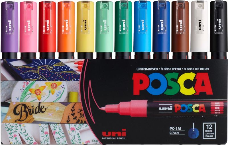 Photo 1 of 12 Posca Paint Markers, 1M Markers with Extra Fine Tips, Posca Marker Set of Acrylic Paint Pens | for Art Supplies, Fabric Paint, Markers for Art