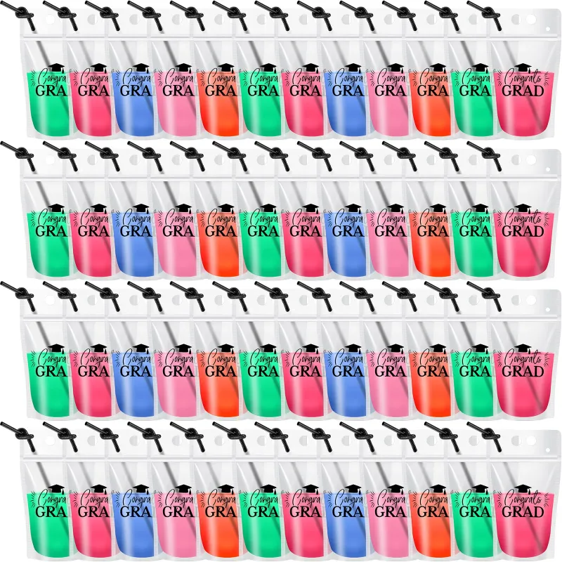 Photo 1 of **DIFFERENT FROM STOCK PHOTO  BLUE ** Hoolerry 48 Pcs Graduation Congrats Grad Drink Pouches Zipper Drink Bags Beverage Pouches for Drinks with Straws Funny Plastic Cups Graduation Party Supplies for Juice Drinking (Blue)