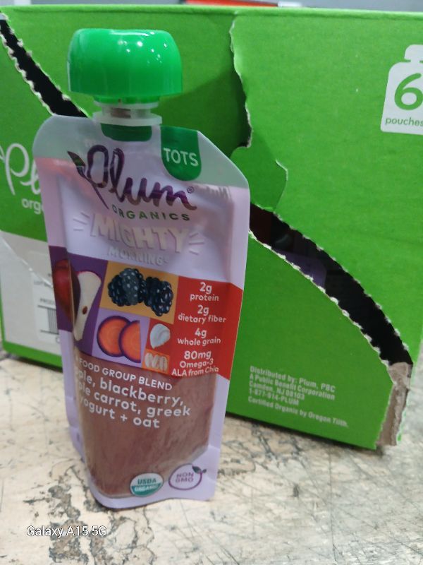 Photo 2 of * Box of 6* Plum Organics Mighty Morning Organic Toddler Food - Apple, Blackberry, Purple Carrot, Greek Yogurt, and Oat - 4 oz Pouch - Organic Fruit and Vegetable Toddler Food Pouch dated sep 2024