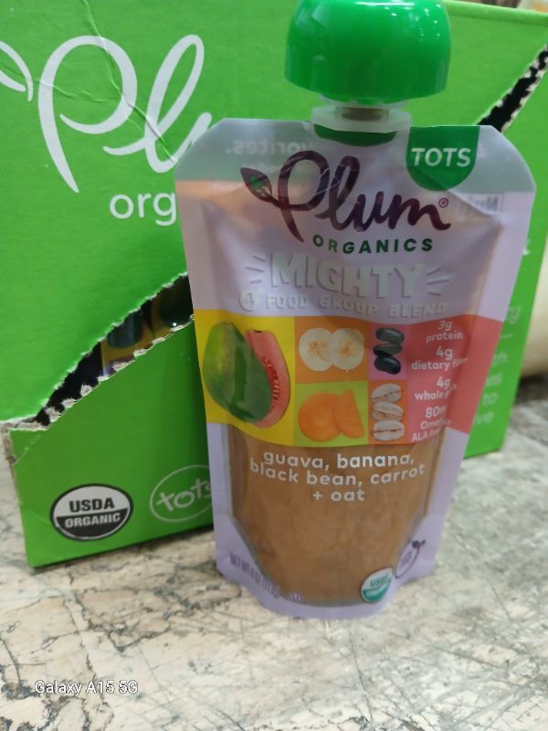 Photo 2 of * CASE OF 6* Plum Organics Tots Baby Food Pouch | Mighty 4 | Carrot, Guava, Oats, Black Beans | 4 Ounce | 6 Pack | Organic Food Squeeze for Babies, Kids, Toddlers Carrot/Guava/Oats/Black Beans DATED NOV 2024