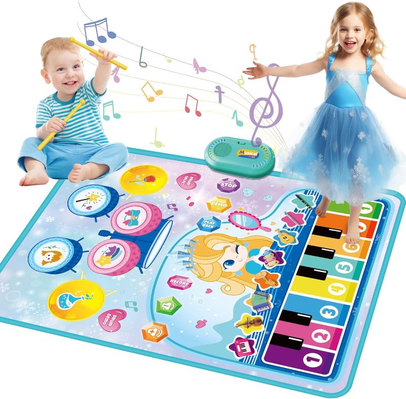 Photo 1 of 2 in 1 Baby Floor Piano and Drum Set Play Mat, Music Toy for 1 2 3 Years Old Girls Boys, Early Educational Baby Toy 12-18 Months, Toddler Toys 1-2, Birthday Gift for 1-5 Year Old (35.43*27.56 inches)