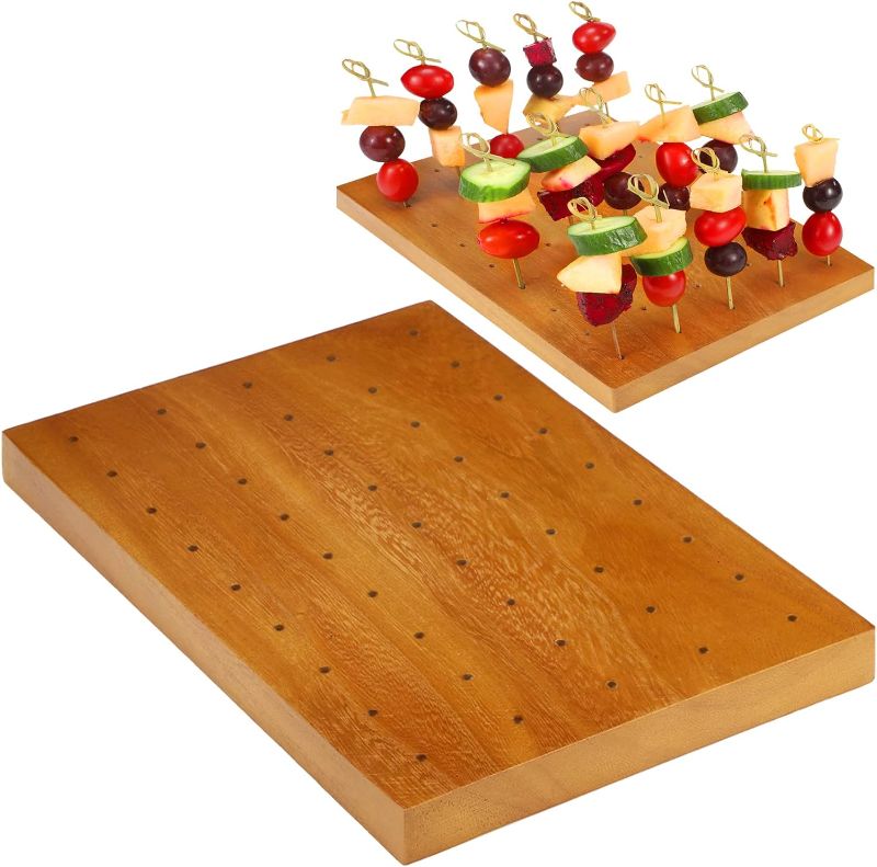 Photo 1 of Blulu Wooden Food Skewer Holder Pick Stand Food Display Skewer Holder Catering Appetizer Fruit Skewer Stand Food Display Rectangular Board with Holes for Catering (Rectangle Style, 11.42 x 7.87 Inch)
