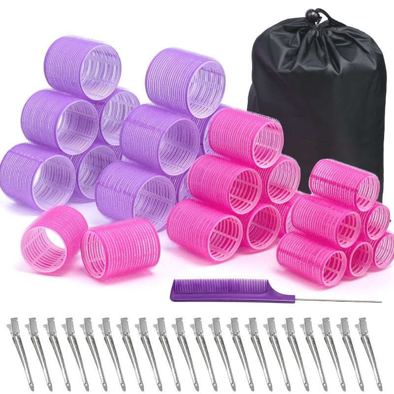 Photo 1 of 48 Pcs Self Grip Hair Rollers Set with 26 Rollers Hair Curlers & 20 Metal Clips, 3 Sizes Rollers for Blowout Look Long Medium Short Hair Volume, Jumbo Large Medium Hair Rollers DIY Hairstyles