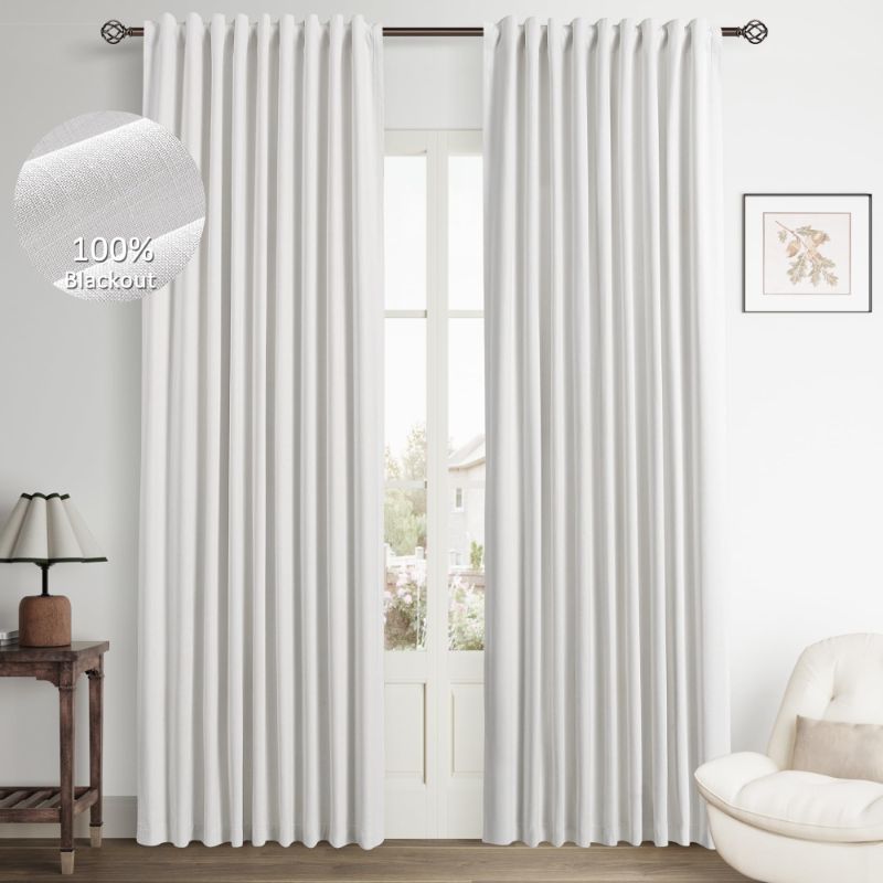 Photo 1 of (READ FULL POST) Hokibero Neutral Off White Linen Blackout Curtains for Bedroom Back Tab Living Room Darkening Curtains Sliding Glass Doors Thermal Insulated Black Out Drapes 2 Panels Set Ivory/Cream,52x90
