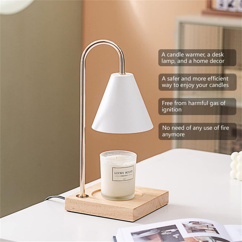 Photo 1 of  Candle Warmer Lamps, Dimmable Candle Lamp, Top Down Candle Warmers, Wood Base Candle Melting Lamps for Scented Jar Candles with 2 Bulbs (White Metal Shade)