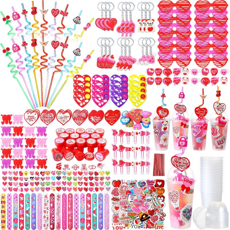 Photo 1 of 
Chivertion 285 Pcs Valentine Party Favors for School Classmates Exchange Gifts Includes Straw Drink Cup Keychain Clap Bracelet Love Glasses Ruler Bookmark