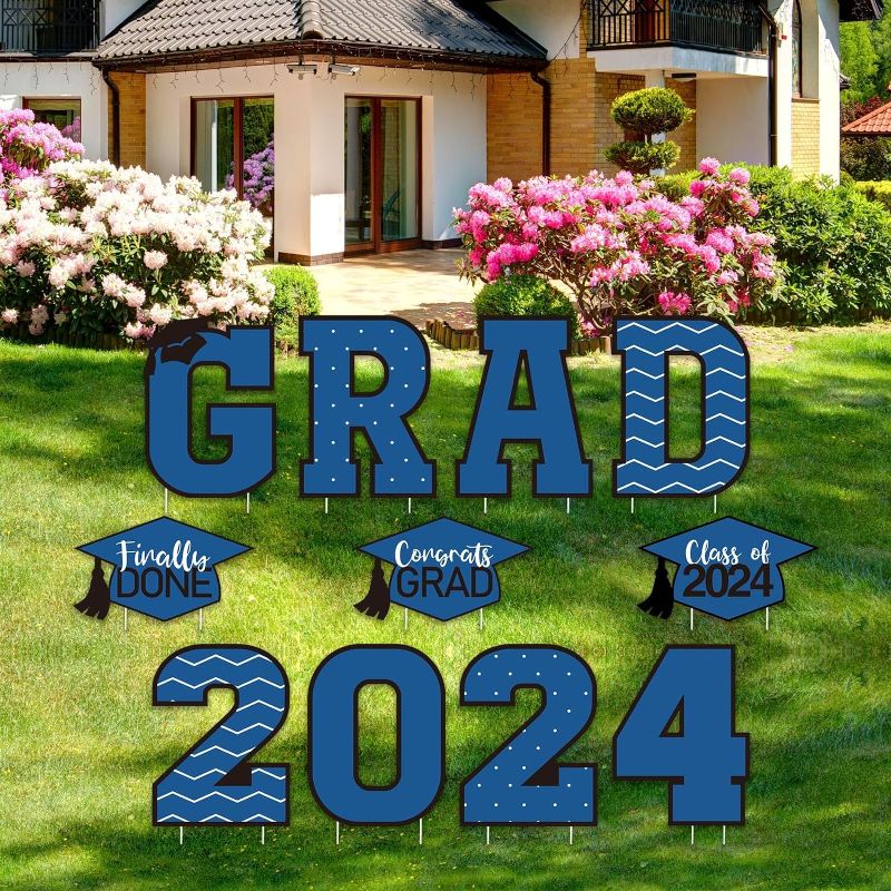 Photo 1 of 11 Pcs Graduation Yard Sign Decorations Congrats Graduation Lawn Signs 2024 Grad Yard Signs with 23 Stakes for Outdoor Grad Party(Blue, Simple Style)
