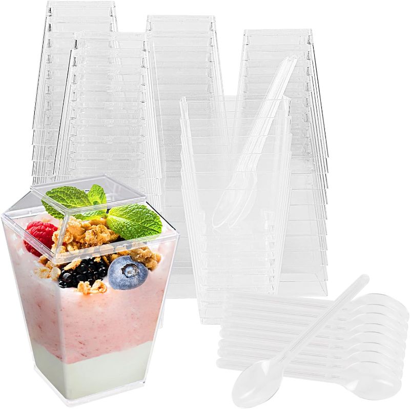 Photo 1 of 50Pack 5oz Square Plastic Dessert Cups with Lids and Spoons,Clear Parfait Appetizer Cups for Tasting Party Desserts Fruit Parfait Baby Shower Party
