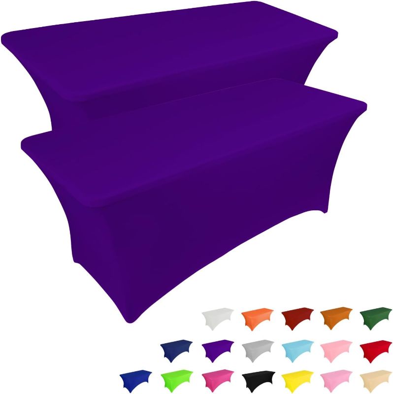 Photo 1 of 2 Pack 6FT Table Cloth for Rectangular Fitted Events Stretch Purple Table Covers Washable Table Cover Spandex Tablecloth Table Protector for Party, Wedding, Cocktail, Banquet, Festival
