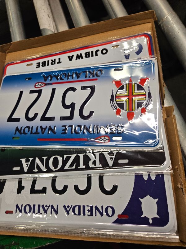 Photo 1 of 12 Pieces Reproduced License Plates, Native American Tribes & Nations, Embossed Vanity Prop Tin Sign for Man Cave Garage DIY, 6X12 inch (12 pcs - Native American Tribes/Nations)

