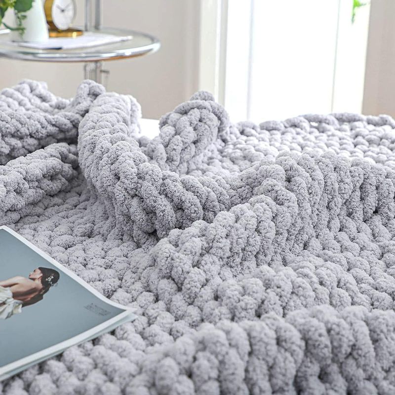 Photo 1 of Bigacogo Chunky Knit Blanket Throw 51"x63", 100% Hand Knitted Chenille Throw Blanket, Big Soft Thick Yarn Cable Knit Blanket, Large Rope Knot Crochet Throw Blankets for Couch Bed Sofa (Light Grey)
