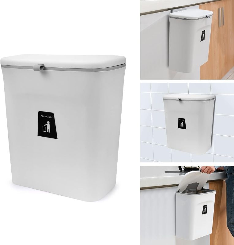 Photo 1 of 2.4 Gal Hanging Trash Can with Lid,Cabinet Kitchen Compost Bin Counter Top Under Sink,Mountable Indoor Compost Bucket for Cupboard Bathroom (White)
