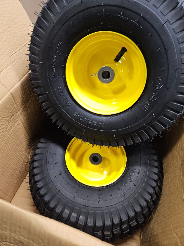 Photo 2 of (2 Pack) AR-PRO Exact Replacement 15" x 6.00 - 6" Front Tire and Wheel Assemblies for John Deere Riding Mowers - Compatible with John Deere 100 and D100 Series - 3” Hub Offset and 3/4” Bushings 15" x 6.00-6" Yellow