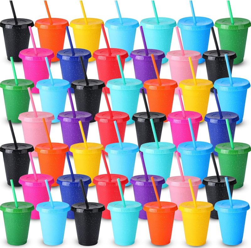 Photo 1 of 72 Pcs Glitter Reusable Cup with Straws and Lids, Plastic Tumbler with Lids and Straws Bulk Color Party Coffee Cup for Adult Kid Birthday Party (500 ml/ 16 oz)