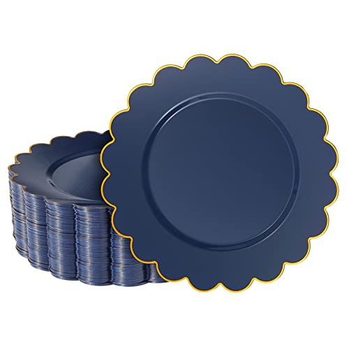 Photo 1 of 50 Pack Navy Blue Plastic Plates for Party, 9 Inch Disposable for Party Supplies, Wedding, Gold Foil Scalloped Edges

