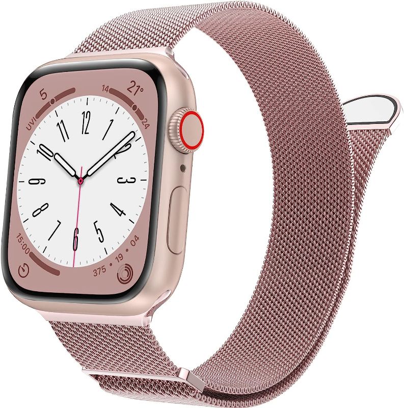 Photo 1 of Marge Plus for Apple Watch Band Series 7 6 5 4 3 2 1 SE 38mm 40mm 41mm 42mm 44mm 45mm Women and Men, Stainless Steel Mesh Loop Magnetic Clasp Replacement for iWatch Bands (45mm/44mm/42mm, Rose Gold).
