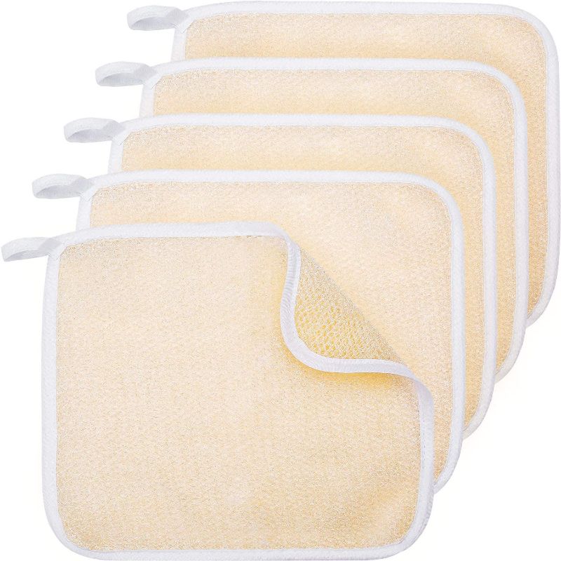 Photo 1 of Tatuo 5 Pcs Exfoliating Face and Body Wash Cloths Towel Weave Bath Cloth Exfoliating Scrub Cloth Massage Bath Cloth for Women and Men, 10.63 x 9.05 Inch (Beige)
