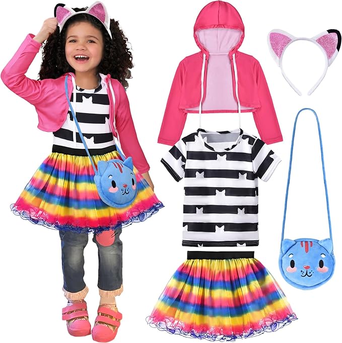 Photo 1 of Latocos Girls Cat Dollhouse Costume with Rainbow Tutu Dress Jacket T-shirt Headband and Bag Halloween Birthday Party Outfits
