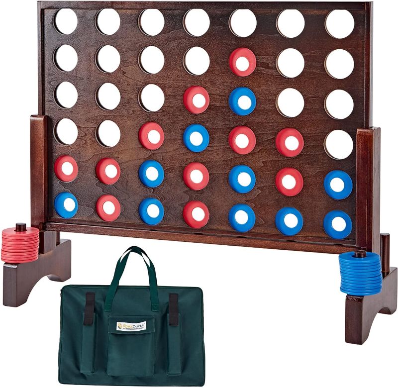 Photo 1 of **USED**Giant 4 in A Row Game, Wooden Jumbo 4-to-Score Game Set for Indoor & Outdoor Family Fun-Line Up 4 Travel Board Games with 42 Coins & Ring Holders & Carrying Bag
