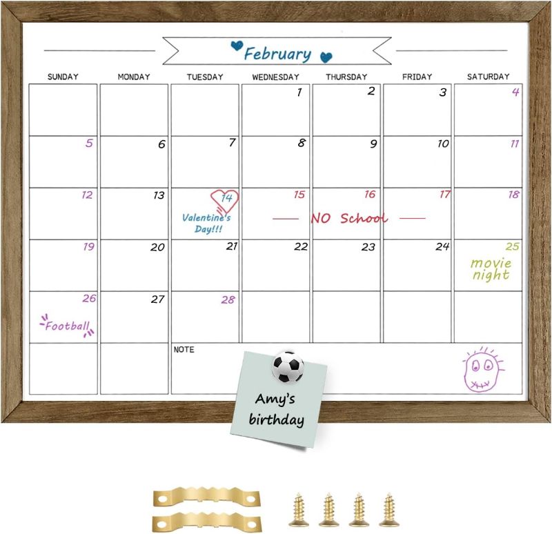 Photo 1 of 18"x 24" Dry Erase Monthly Calendar Board, Magnetic Whiteboard for Wall, Office/School/Home, Solid Wood Frame Hanging Board for Decoration/Kitchen Grocery List(YL-RB-4560-B)
