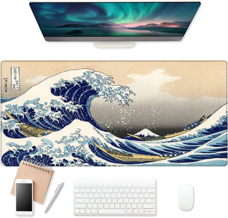 Photo 1 of Kanagawa Wave Large Gaming Mouse Pad (35.4×15.7 in, 3mm Thick), Non-Slip Rubber Base and Reinforced Lock Edges, XXL Extended Mousepad for Work, Game, Desk mat, Desktop Decoration