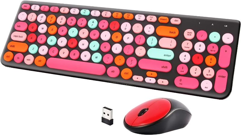 Photo 1 of Wireless Keyboard and Mouse Combo, Retro Typewriter Wireless Keyboard with Round Keycaps, 2.4GHz Full-Size USB Cute Mouse for Desktop, Laptop and Computer (Black-Colorful)
