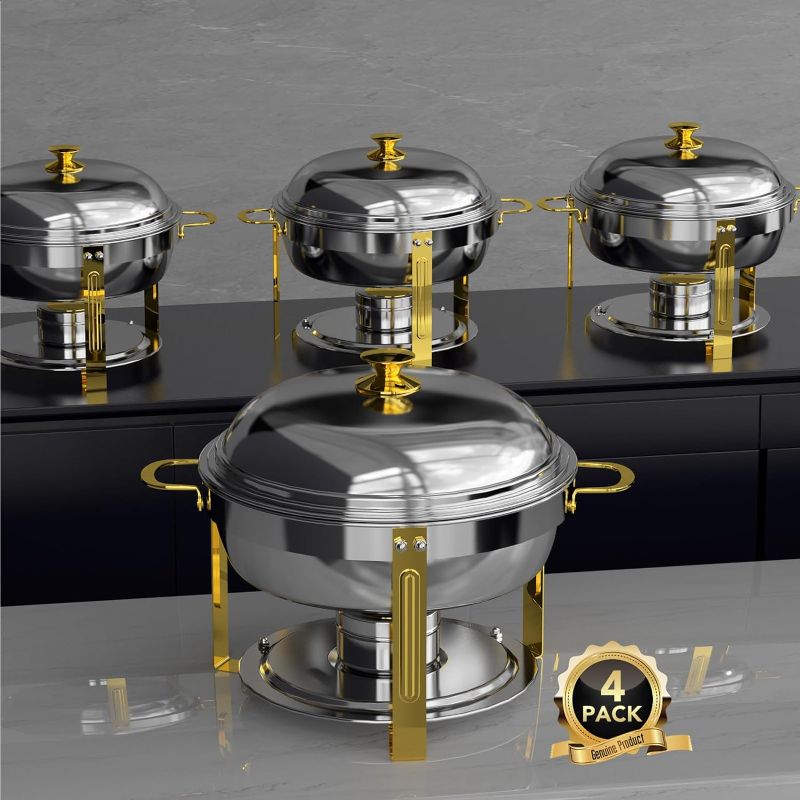 Photo 1 of 5 Qt Chafing Dish Buffet Set with Stainless Steel Lid, Round Chafers and Buffet Warmers Sets with Food and Water Trays for Catering, Parties, Hotels and Weddings, Gold, 4 Pack
***New, factory packaging still intact***