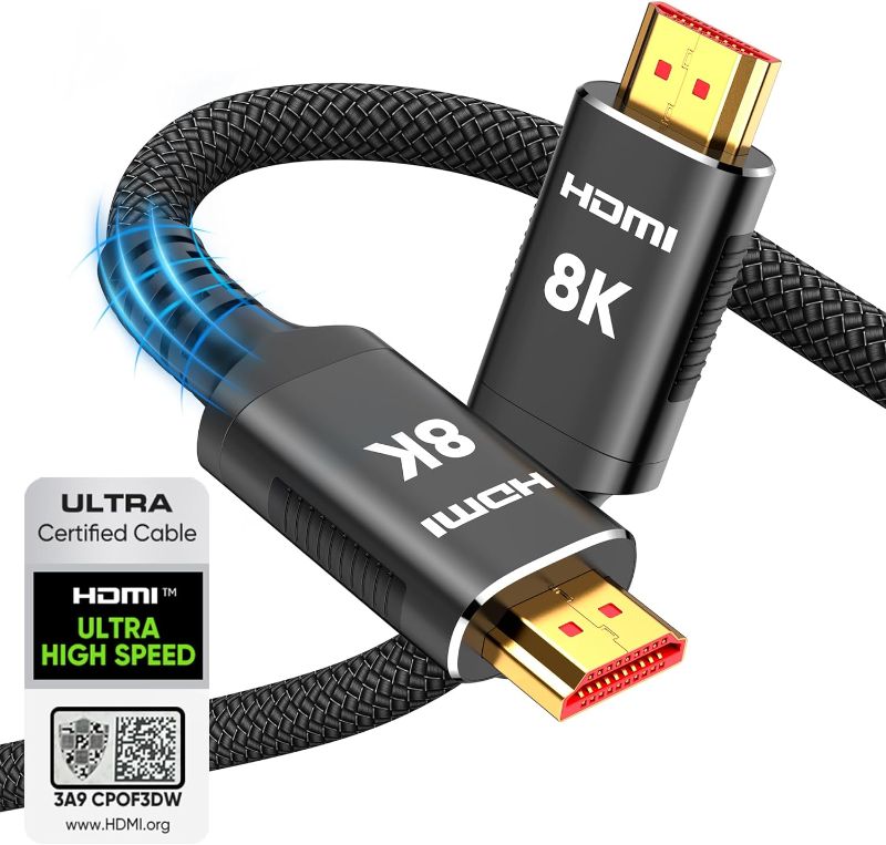 Photo 1 of Snowkids 10K 8K HDMI 2.1 Cable 10 ft, Certified Ultra High Speed HDMI Cable 10 ft 48Gbps 3D 8K60 4K120 144Hz Braided HDMI Cord eARC HDR10 HDCP 2.2&2.3 Compatible with Roku TV/PS5/HDTV/Blu-ray Black