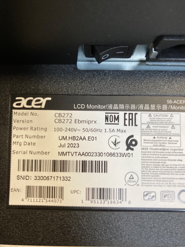 Photo 5 of Acer CB272 Ebmiprx 27" FHD 1920 x 1080 Zero Frame Home Office Monitor | AMD FreeSync | 1ms VRB | 100Hz | 99% sRGB | Height Adjustable Stand with Swivel, Tilt & Pivot (Display Port, HDMI & VGA Ports) 27-inch FHD 100Hz