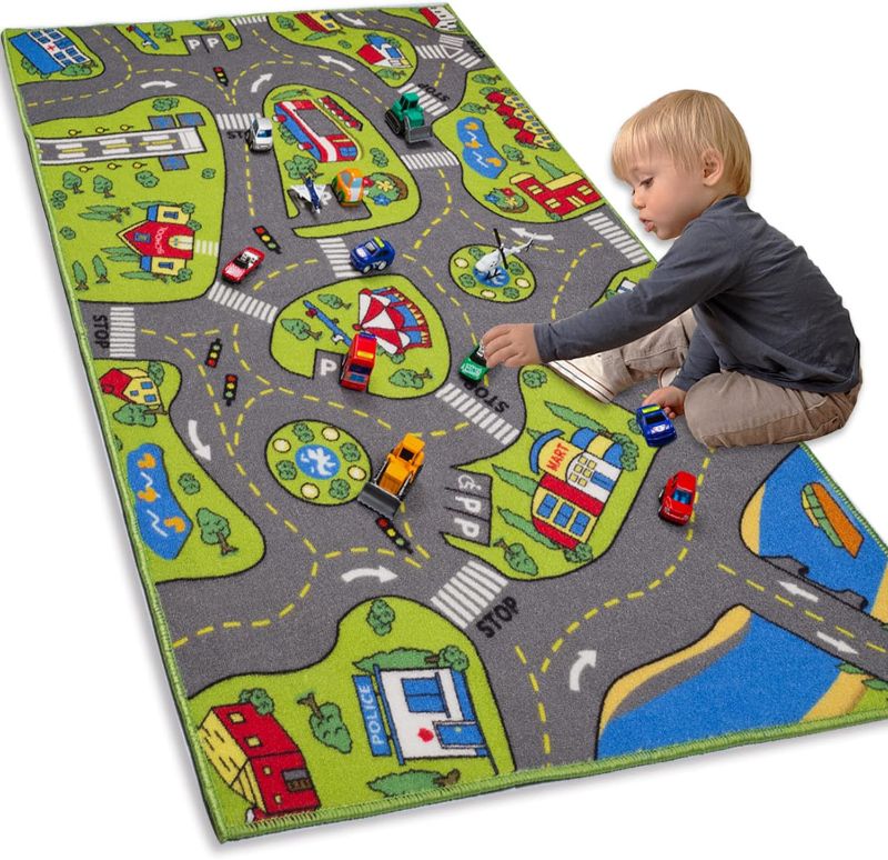 Photo 1 of  Kids Carpet Playmat Rug with Non-Slip Backing, City Life Play Mat for Playing with Car Toy, Game Area for Baby Toddler Kid Child Educational Learn Road Traffic in Bedroom, Classroom
***Stock photo is a similar item*** 