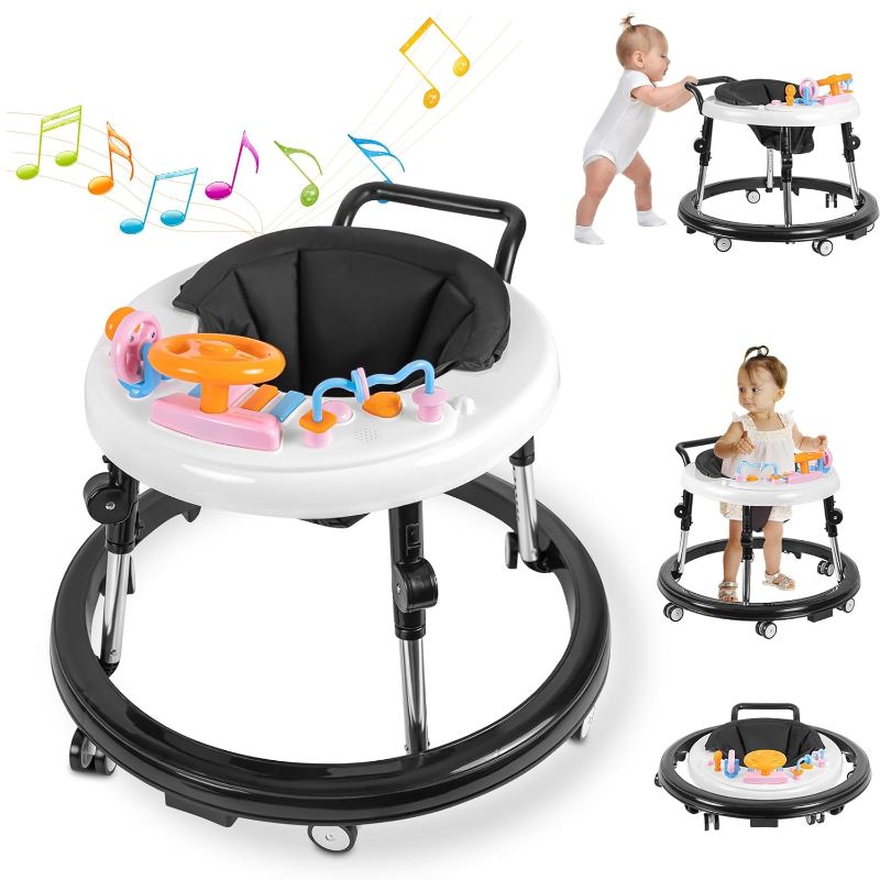 Photo 1 of Baby Walker Foldable, Baby Walkers and Activity Center for Boys Girls Babies 6-12 Months with Feeding Tray & Music, and 5 Adjustable Heights, Baby Walker with Wheels