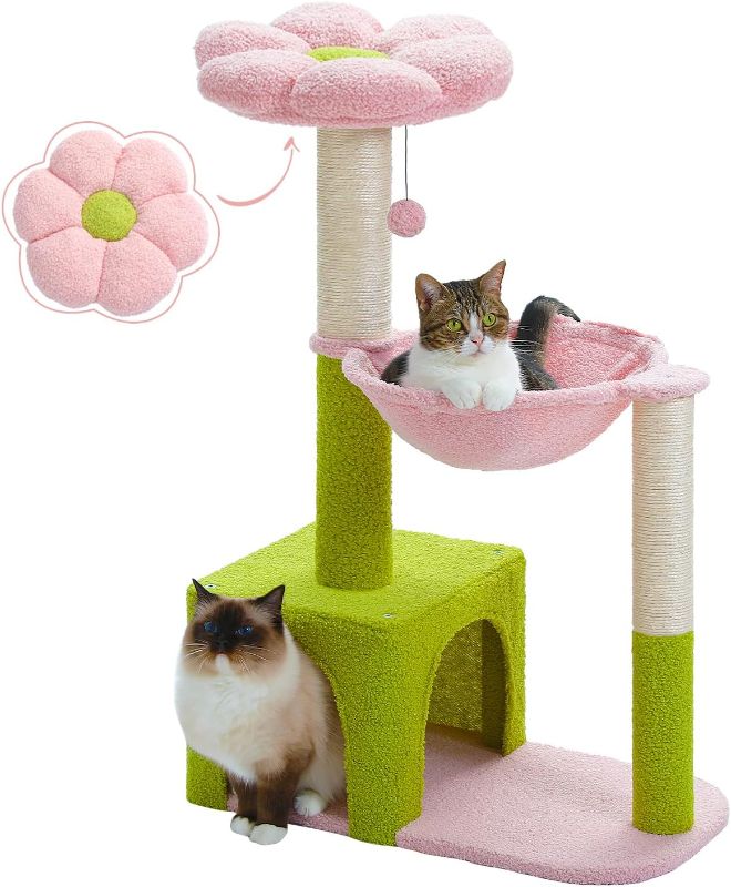 Photo 1 of **Similar product**Flower Cat Tree with Large Metal Frame Hammock, 35" Cute Cat Tower with Sisal Scratching Posts for Small Indoor Cats, Cat Condo with Pink Top Perch for Kittens, Pink