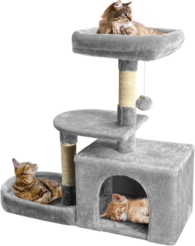 Photo 1 of Sealed Cat Tree Tower, 31 Inch Cat Tower with Scratching Post, Cat Condo, Dangling Ball, and Soft Bed for Small and Medium Cats to Play and Sleep, Sturdy unique Cat Tree Tower for Indoor Cats (Light Grey)