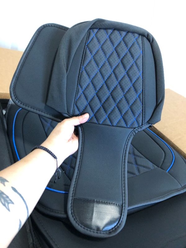 Photo 5 of MIROZO Seat Covers Full Set, Waterproof Faux Leather Seat Covers Automotive Seat Covers Car Seat Protector for SUV Pick-up Truck Sedan, Anti-Slip Driver Seat Cover Universal Fit (Black and Blue) Black Blue 5PCS Full Set