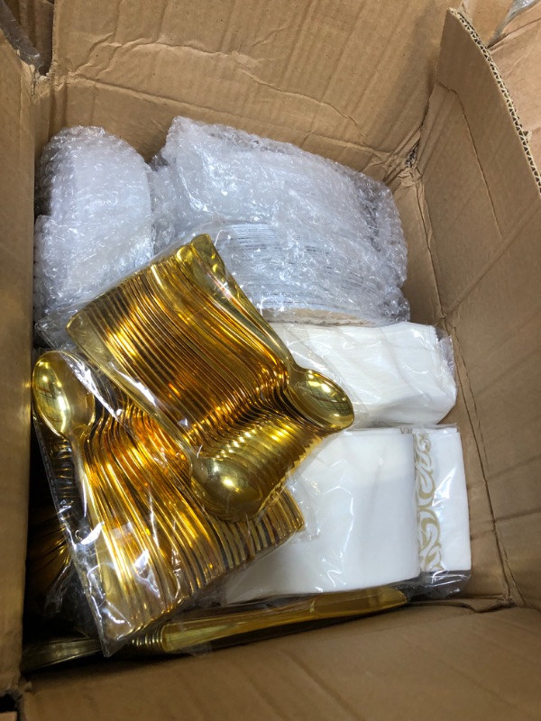 Photo 3 of  700 Piece Gold Dinnerware Set - 200 Gold Rim Plates - 300 Gold Silverware - 100 Gold Plastic Cups - 100 Linen Like Gold Paper Napkins, 100 Guest Disposable, Gold