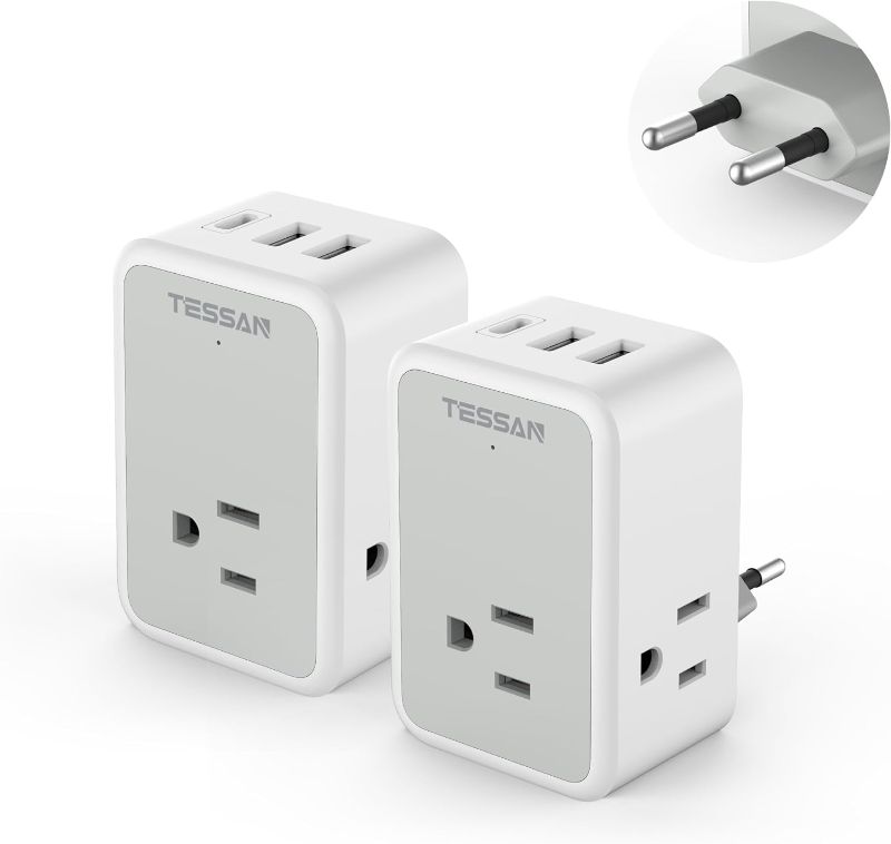 Photo 1 of 2 Pack European Travel Plug Adapter, TESSAN US to Europe Power Converter with 3 Outlets 3 USB Charging Ports(1 USB C), Type C Plug Adaptor for USA to Most of EU Germany Iceland Spain Italy France
